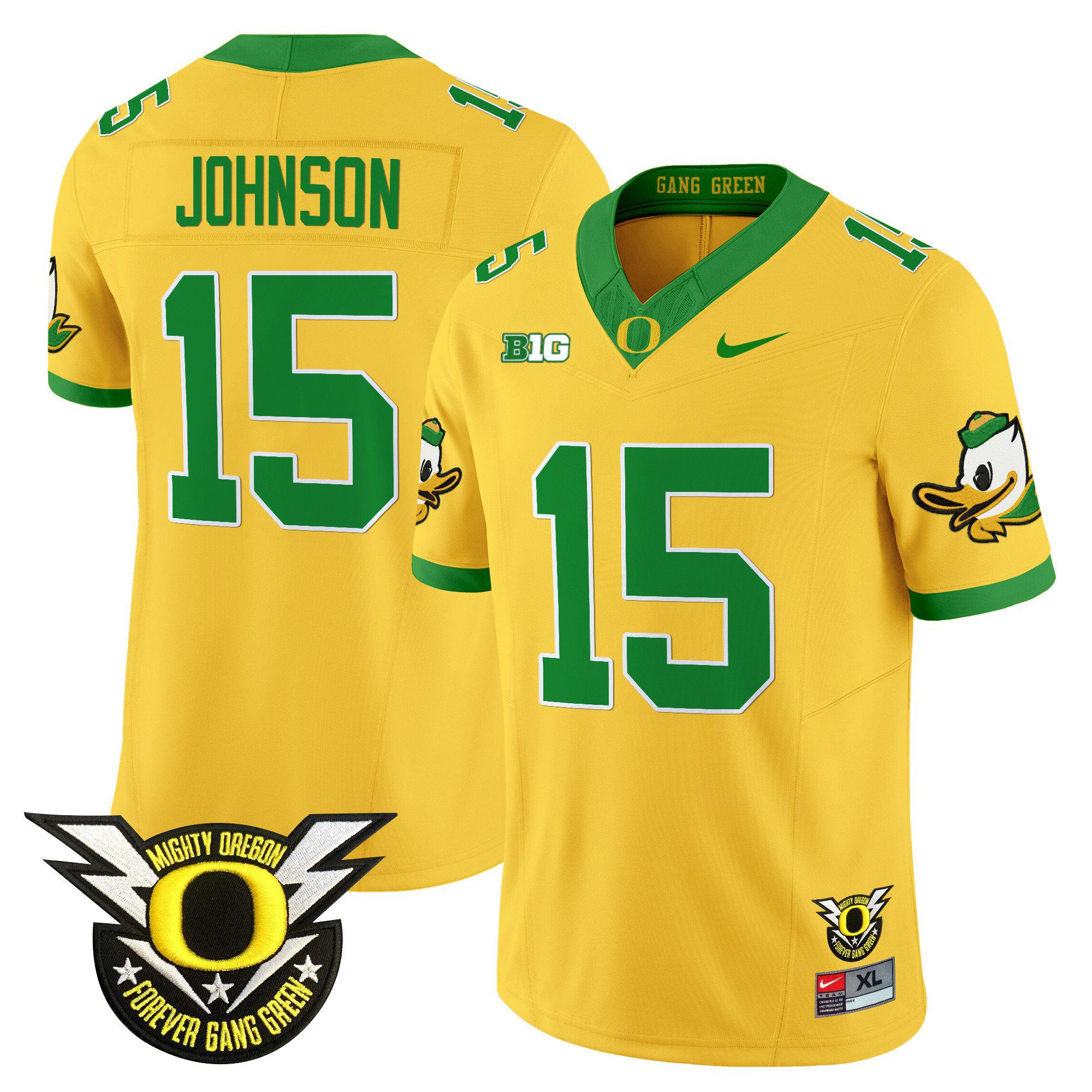 Men Oregon Ducks #15 Johnson Yellow 2024 Nike Forever Gang Green & BIG Patch Vapor Limited NCAA Jersey